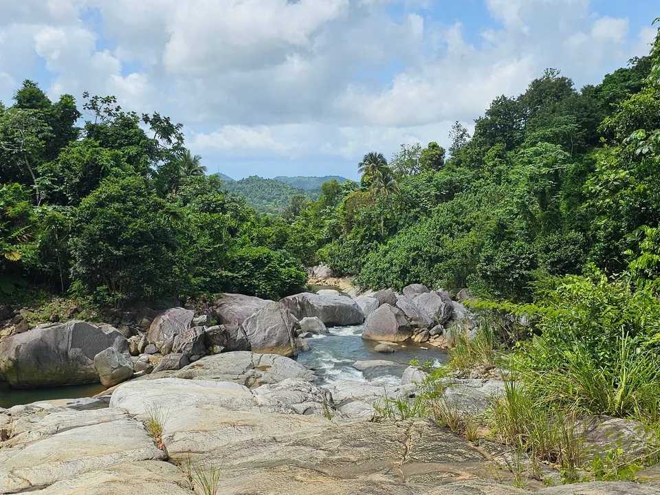 Wide river basin of boulders and rainforest on a private river, south side of El Yunque